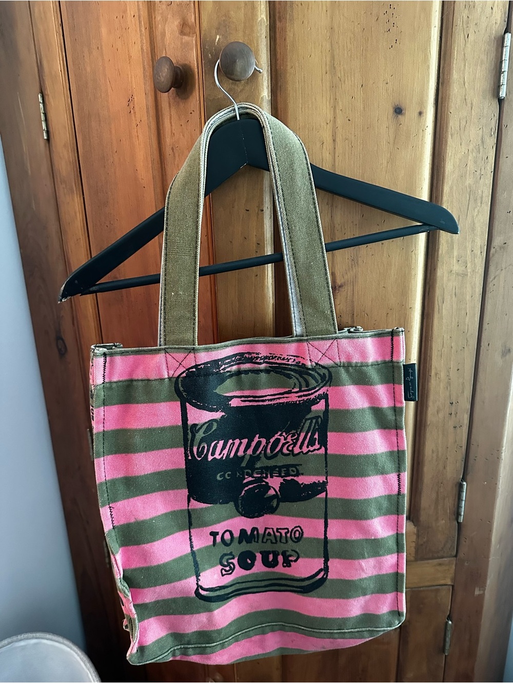 Campbell's soup Pink & Olive Striped canvas Andy Warhol Tote Bag